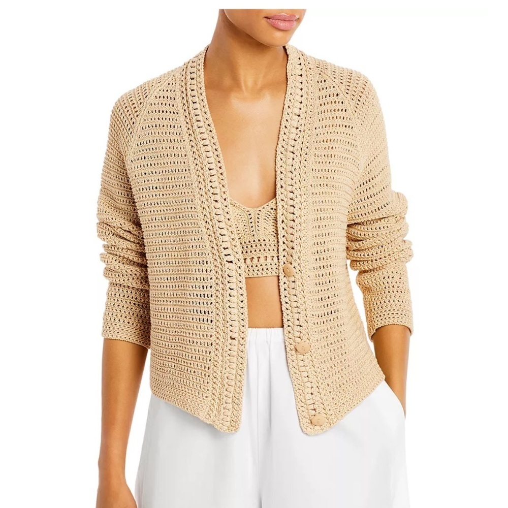Vince Crochet Cardigan Sweater in Straw